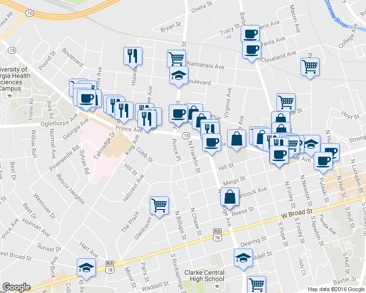 map of restaurants, bars, coffee shops, grocery stores, and more near 973 Prince Avenue in Athens