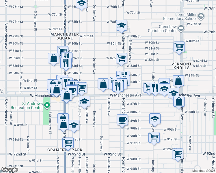 map of restaurants, bars, coffee shops, grocery stores, and more near 1503 West 85th Street in Los Angeles