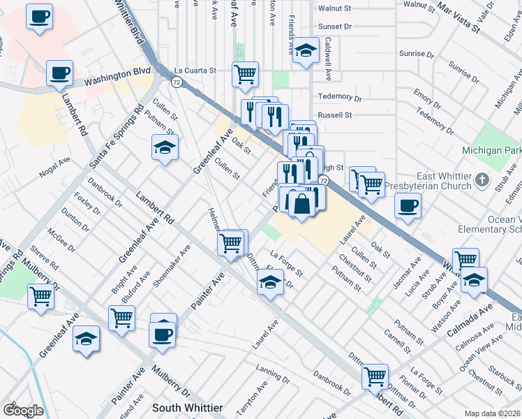 map of restaurants, bars, coffee shops, grocery stores, and more near 13303 Citicourt Lane in Whittier