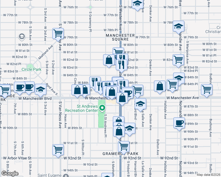 map of restaurants, bars, coffee shops, grocery stores, and more near 1839 West 85th Street in Los Angeles