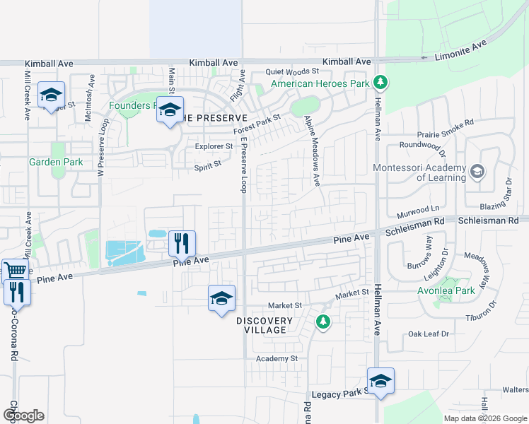 map of restaurants, bars, coffee shops, grocery stores, and more near 8558 Cougar Court in Chino