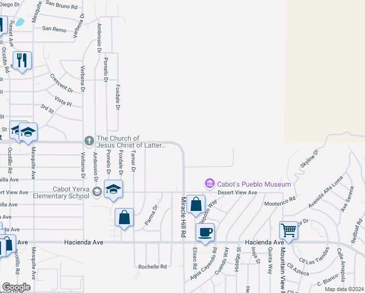 map of restaurants, bars, coffee shops, grocery stores, and more near 66755 Two Bunch Palms Trail in Desert Hot Springs