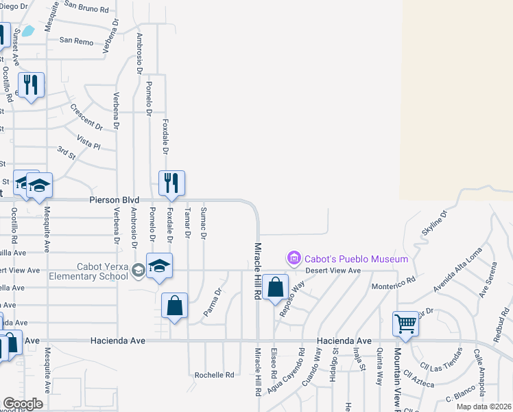 map of restaurants, bars, coffee shops, grocery stores, and more near 12379 Miracle Hill Road in Desert Hot Springs