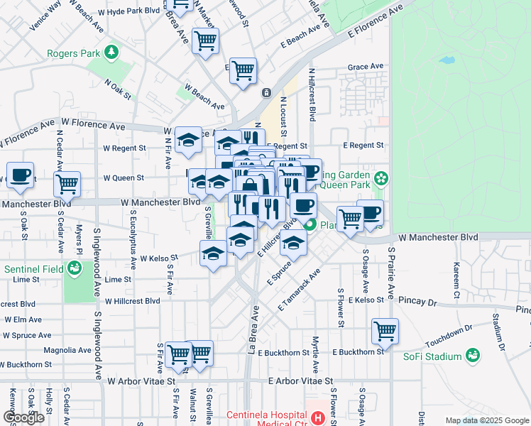map of restaurants, bars, coffee shops, grocery stores, and more near in Inglewood