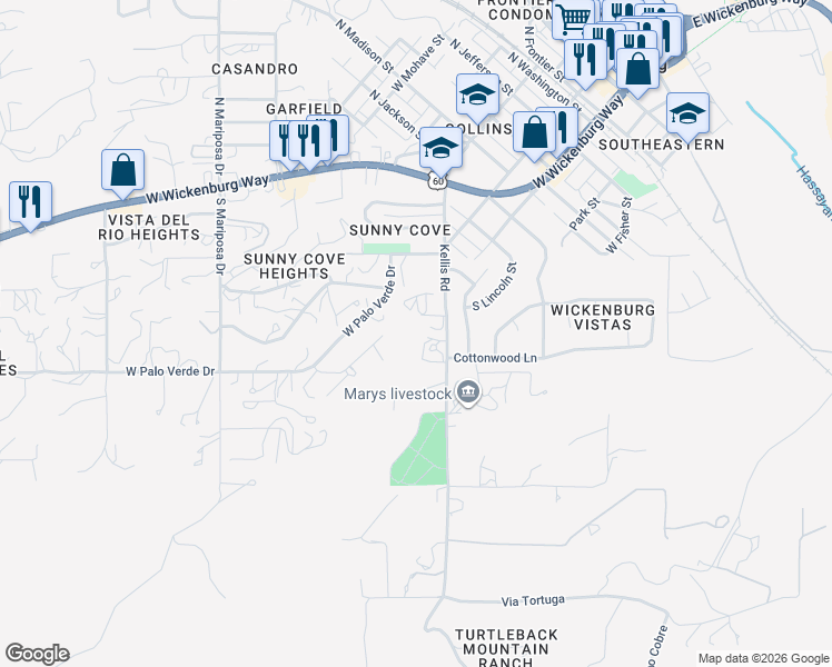 map of restaurants, bars, coffee shops, grocery stores, and more near 570 Kellis Road in Wickenburg