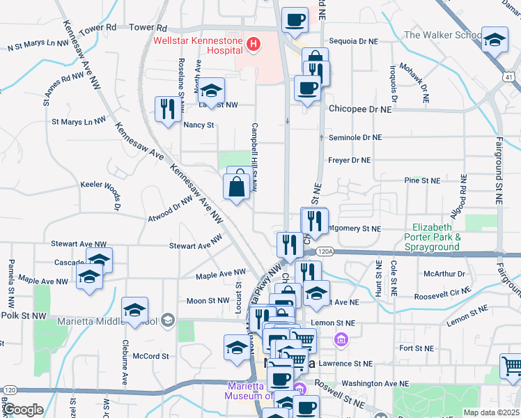 map of restaurants, bars, coffee shops, grocery stores, and more near 30 Sessions Street Northwest in Marietta