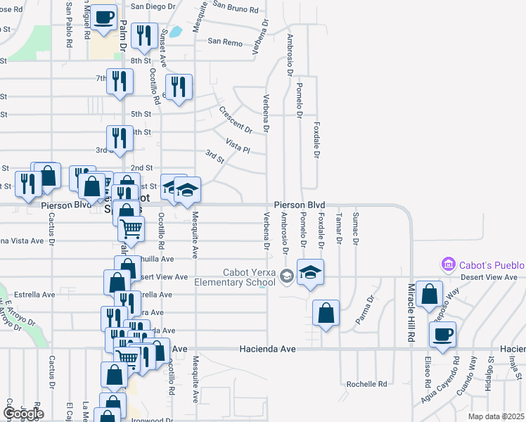 map of restaurants, bars, coffee shops, grocery stores, and more near 66977 Pierson Boulevard in Desert Hot Springs