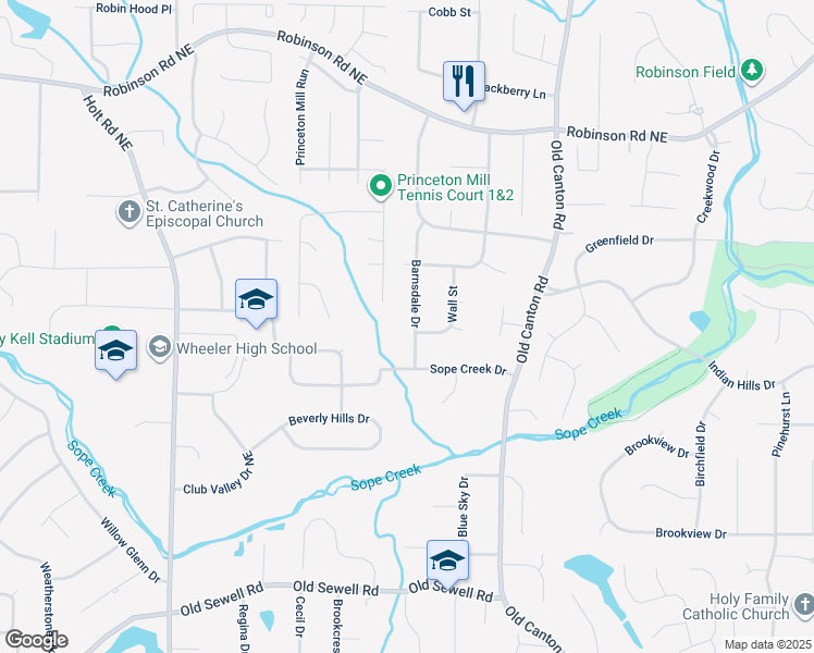 map of restaurants, bars, coffee shops, grocery stores, and more near 461 Barnsdale Drive in Marietta
