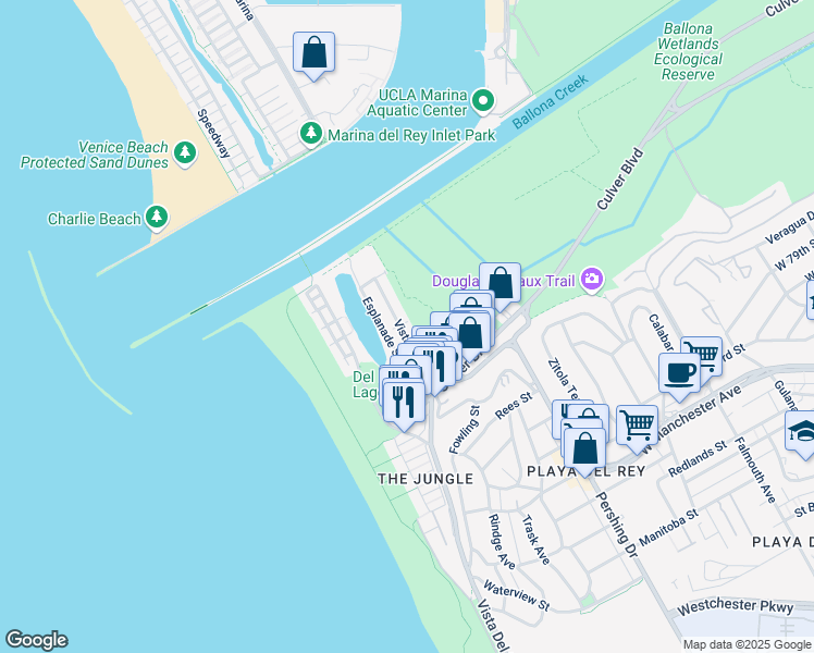 map of restaurants, bars, coffee shops, grocery stores, and more near 6603 Vista Del Mar in Los Angeles