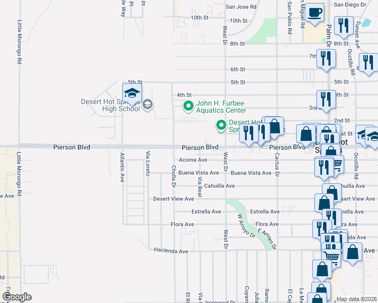 map of restaurants, bars, coffee shops, grocery stores, and more near 6566 Vía Real in Desert Hot Springs