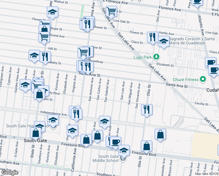 map of restaurants, bars, coffee shops, grocery stores, and more near 8133 San Gabriel Avenue in South Gate