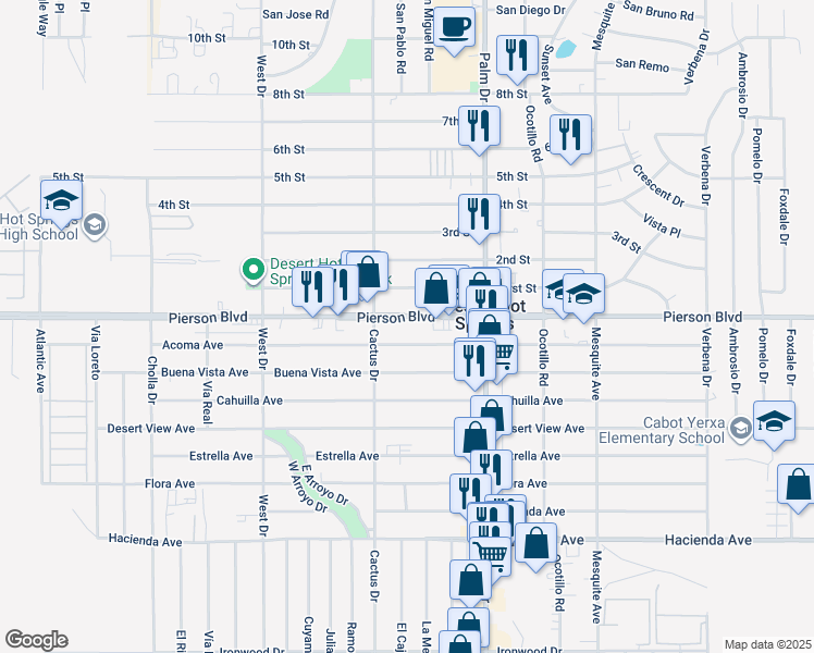 map of restaurants, bars, coffee shops, grocery stores, and more near 66321 Pierson Boulevard in Desert Hot Springs
