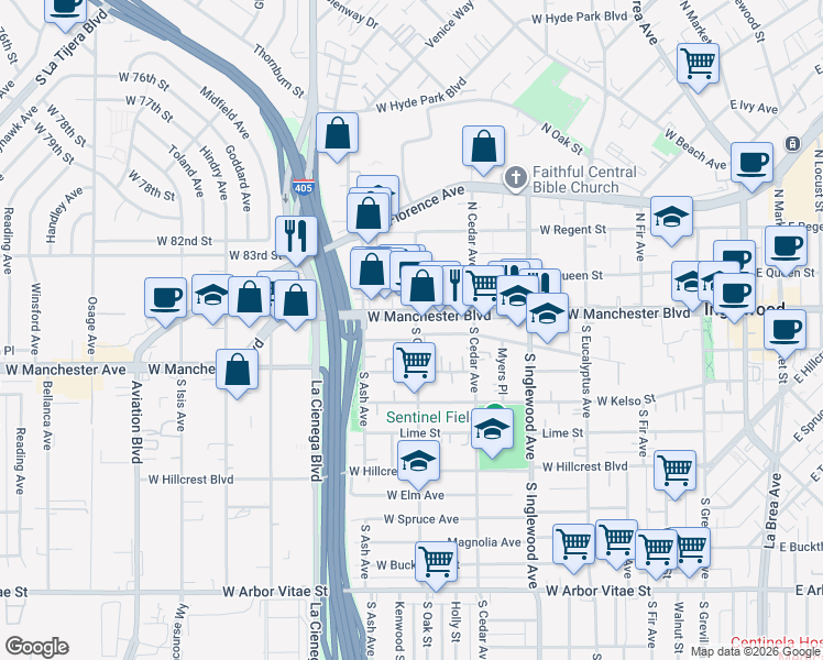 map of restaurants, bars, coffee shops, grocery stores, and more near 211 South Oak Street in Inglewood