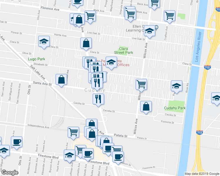 map of restaurants, bars, coffee shops, grocery stores, and more near 4765 Santa Ana Street in Cudahy