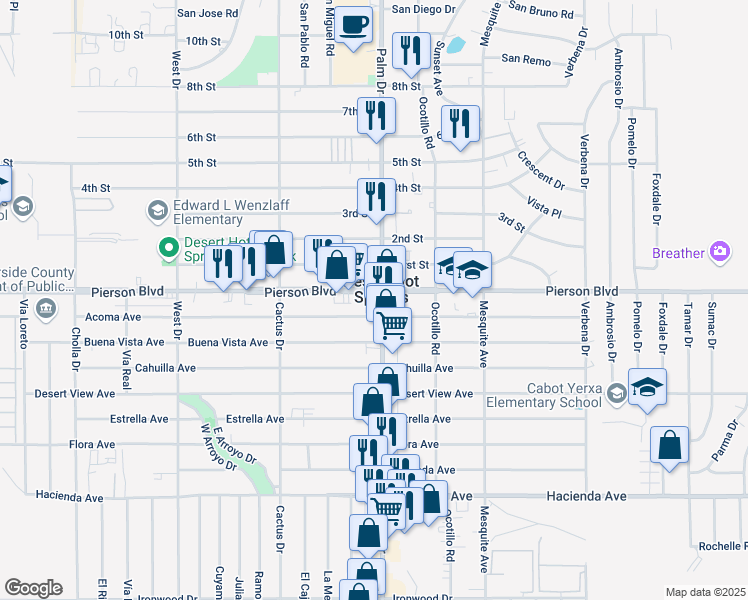 map of restaurants, bars, coffee shops, grocery stores, and more near in Desert Hot Springs