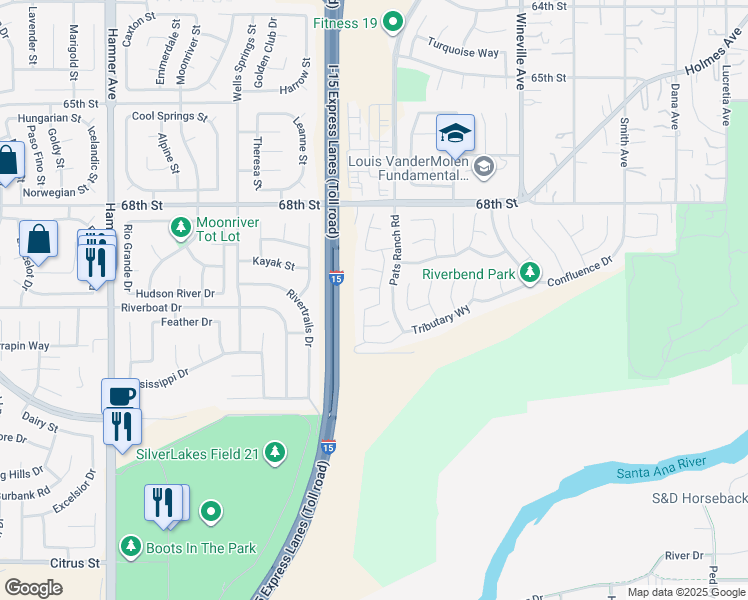 map of restaurants, bars, coffee shops, grocery stores, and more near 12167 Chutes Court in Jurupa Valley