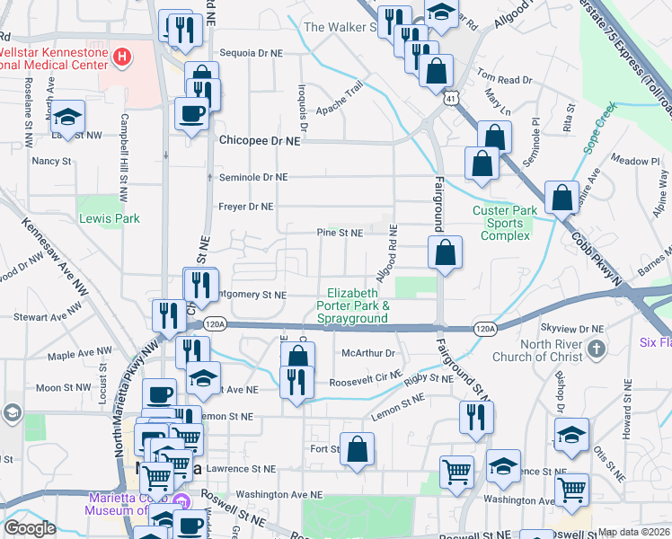 map of restaurants, bars, coffee shops, grocery stores, and more near 414 Edwards Drive Northeast in Marietta