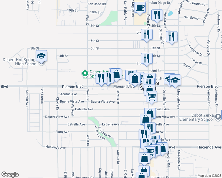 map of restaurants, bars, coffee shops, grocery stores, and more near 66201 Pierson Boulevard in Desert Hot Springs