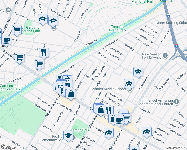 map of restaurants, bars, coffee shops, grocery stores, and more near 9730 Julius Avenue in Downey
