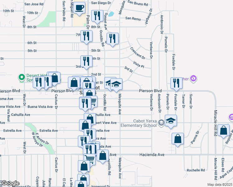 map of restaurants, bars, coffee shops, grocery stores, and more near 66735 Pierson Boulevard in Desert Hot Springs