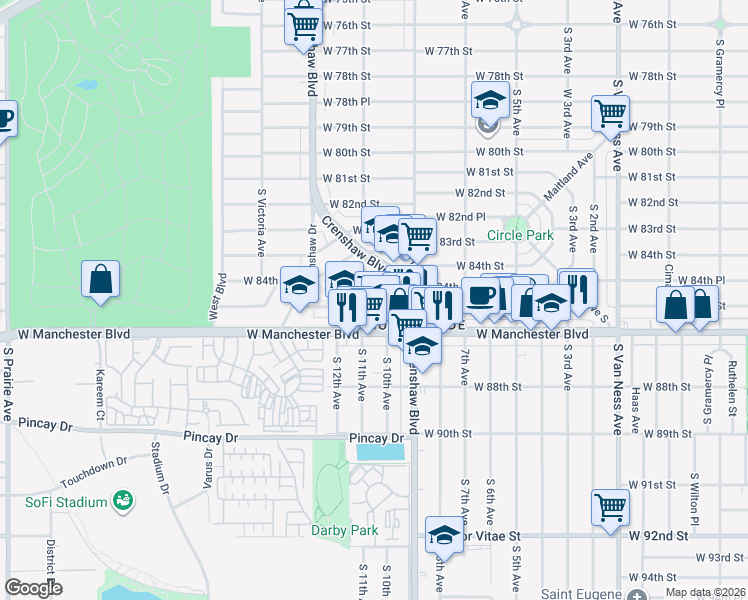 map of restaurants, bars, coffee shops, grocery stores, and more near 8451 Crenshaw Boulevard in Inglewood