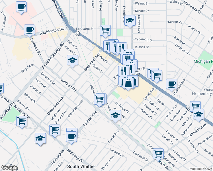 map of restaurants, bars, coffee shops, grocery stores, and more near in Whittier