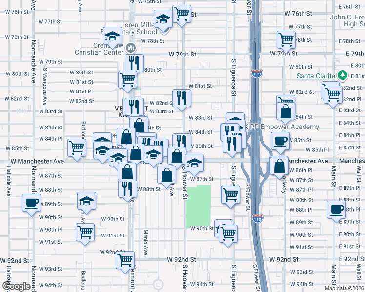 map of restaurants, bars, coffee shops, grocery stores, and more near 800 West 85th Street in Los Angeles