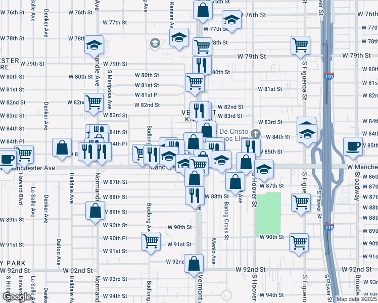 map of restaurants, bars, coffee shops, grocery stores, and more near 1019 West 85th Street in Los Angeles