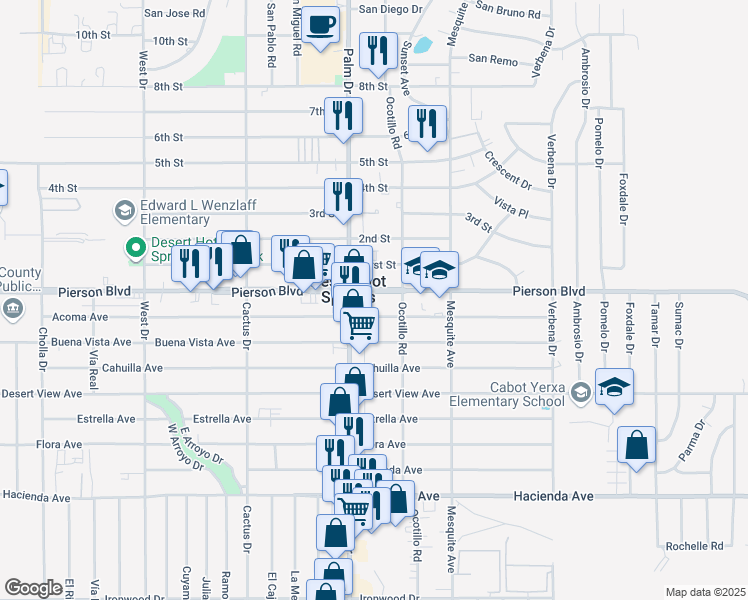 map of restaurants, bars, coffee shops, grocery stores, and more near 66565 Pierson Boulevard in Desert Hot Springs