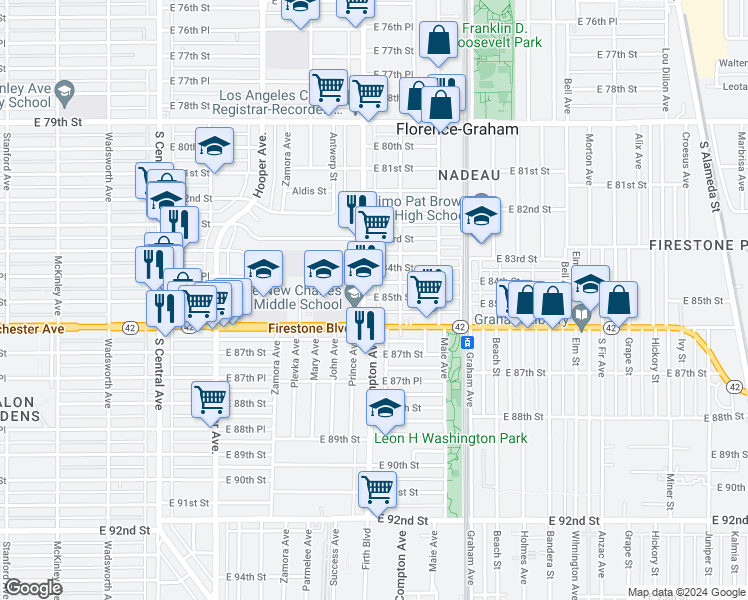 map of restaurants, bars, coffee shops, grocery stores, and more near 1530 1/2 East 85th Street in Los Angeles