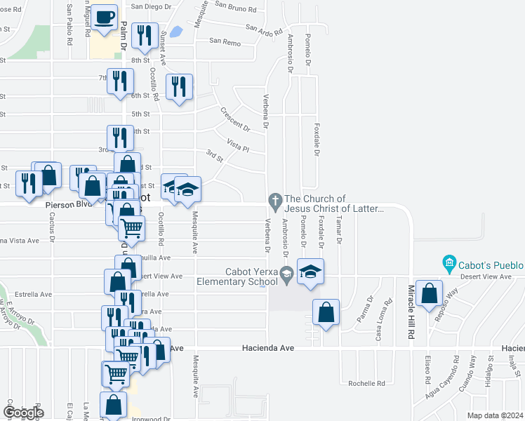 map of restaurants, bars, coffee shops, grocery stores, and more near 66977 Pierson Boulevard in Desert Hot Springs