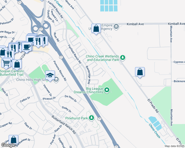 map of restaurants, bars, coffee shops, grocery stores, and more near 16100 Tamarind Terrace in Chino Hills
