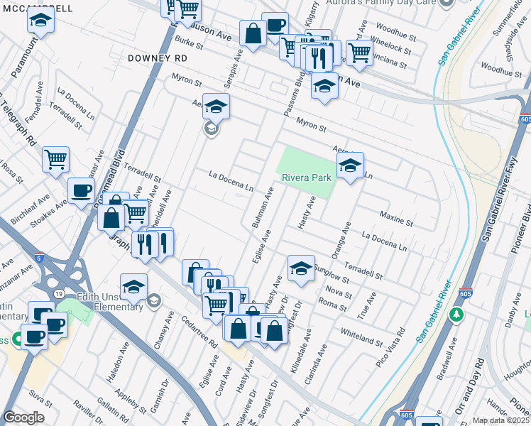 map of restaurants, bars, coffee shops, grocery stores, and more near 8328 Buhman Avenue in Pico Rivera
