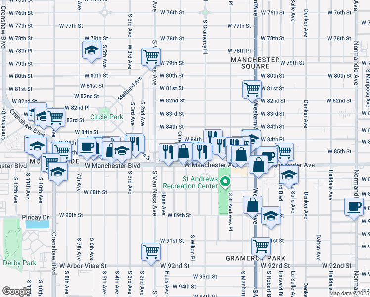 map of restaurants, bars, coffee shops, grocery stores, and more near 2051 West 85th Street in Los Angeles