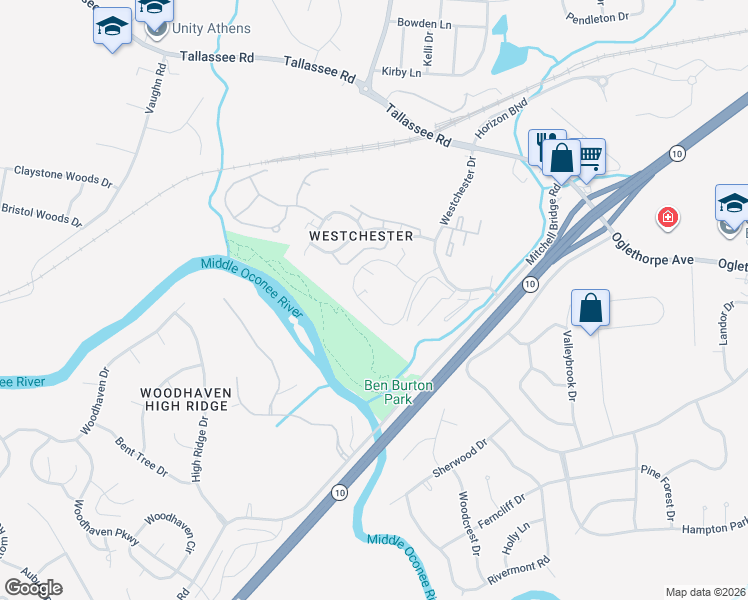 map of restaurants, bars, coffee shops, grocery stores, and more near 227 Westchester Circle in Athens