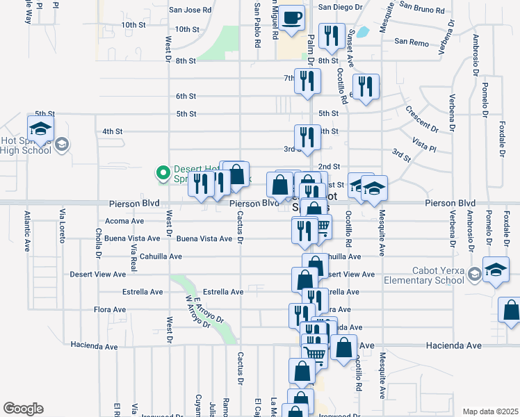 map of restaurants, bars, coffee shops, grocery stores, and more near 66321 Pierson Boulevard in Desert Hot Springs