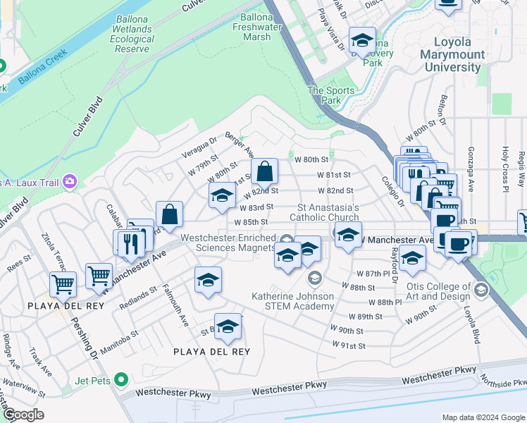 map of restaurants, bars, coffee shops, grocery stores, and more near 7608 West 83rd Street in Los Angeles