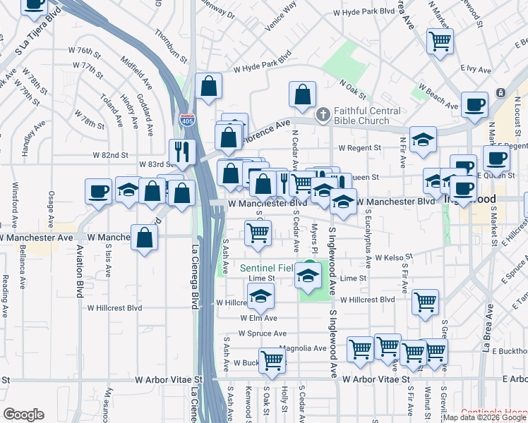 map of restaurants, bars, coffee shops, grocery stores, and more near 543 West Olive Street in Inglewood