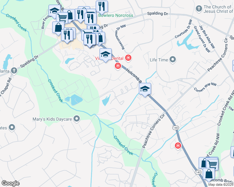 map of restaurants, bars, coffee shops, grocery stores, and more near 1303 Park Lake Lane in Norcross