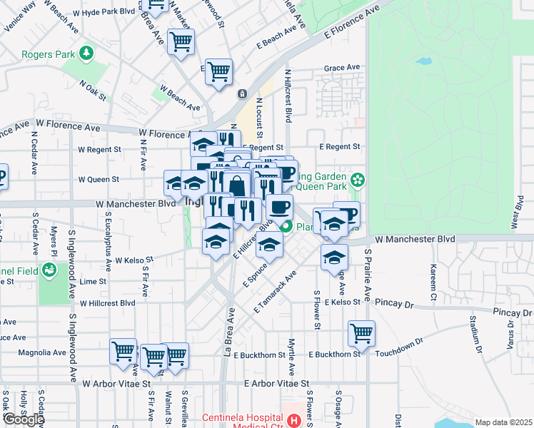 map of restaurants, bars, coffee shops, grocery stores, and more near 206 South Locust Street in Inglewood
