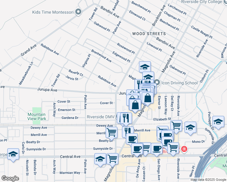 map of restaurants, bars, coffee shops, grocery stores, and more near in Riverside