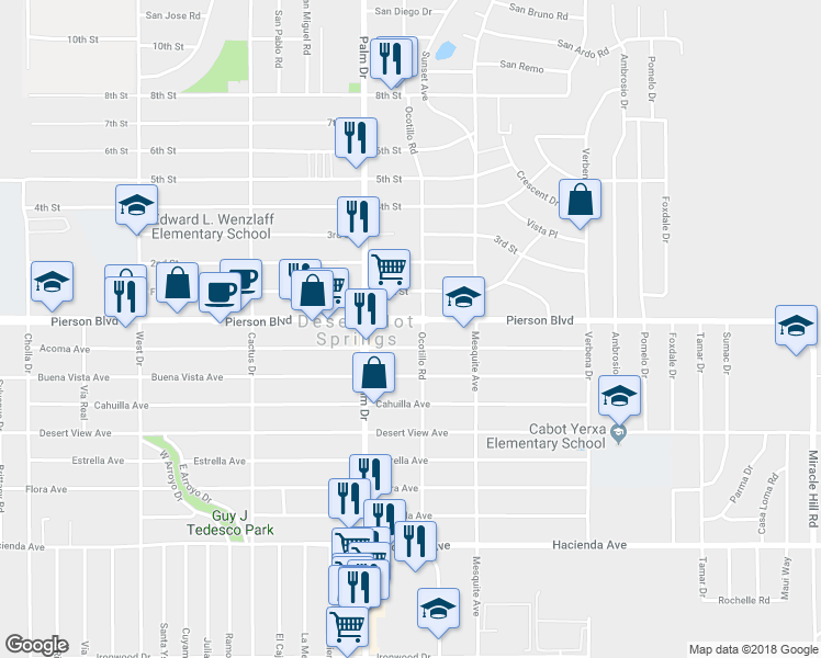 map of restaurants, bars, coffee shops, grocery stores, and more near 66595 Pierson Boulevard in Desert Hot Springs