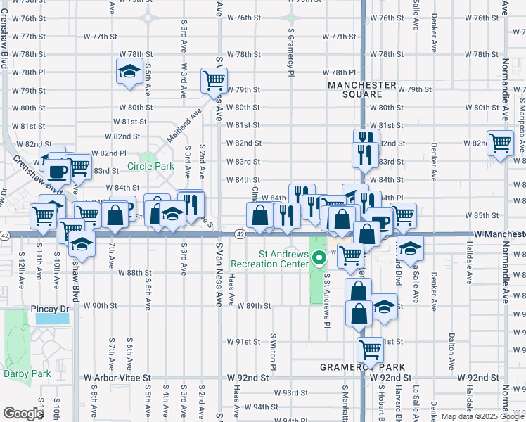 map of restaurants, bars, coffee shops, grocery stores, and more near 2051 West 85th Street in Los Angeles