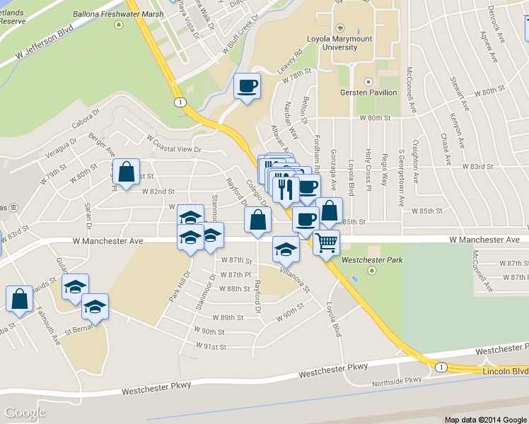 map of restaurants, bars, coffee shops, grocery stores, and more near 8335 Colegio Drive in Los Angeles
