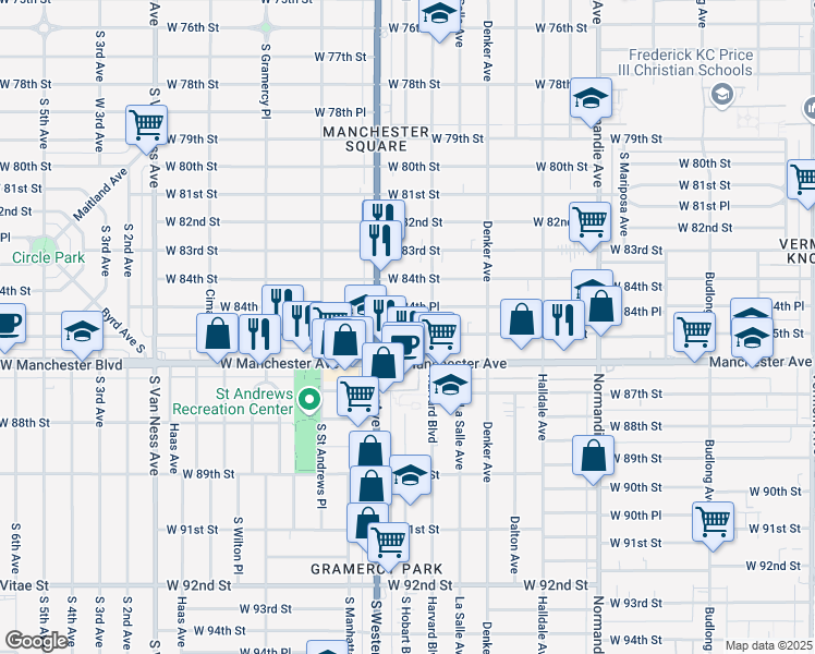 map of restaurants, bars, coffee shops, grocery stores, and more near 1729 West 85th Street in Los Angeles