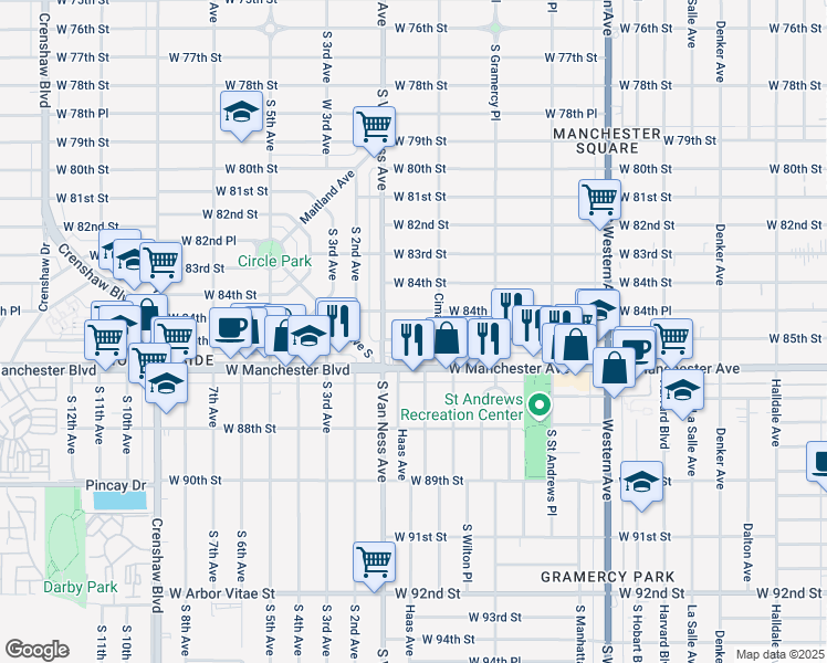 map of restaurants, bars, coffee shops, grocery stores, and more near 2140 West 84th Place in Los Angeles