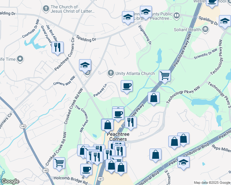 map of restaurants, bars, coffee shops, grocery stores, and more near 5298 Terrace Bend Place in Peachtree Corners