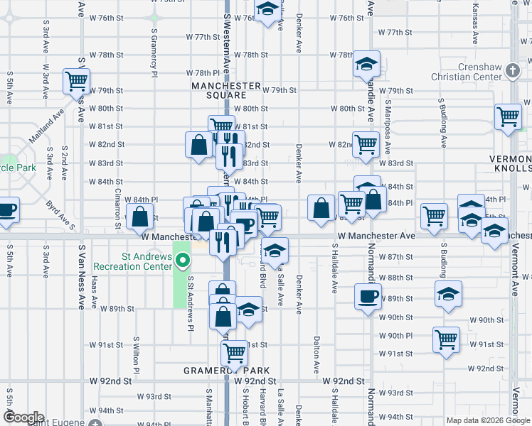 map of restaurants, bars, coffee shops, grocery stores, and more near 1652 West 84th Place in Los Angeles