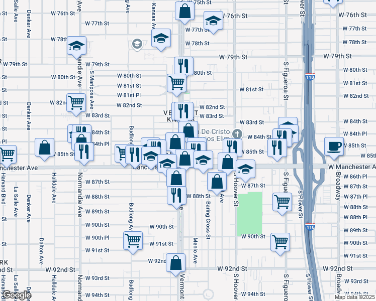 map of restaurants, bars, coffee shops, grocery stores, and more near 8505 S Evermont Place in Los Angeles