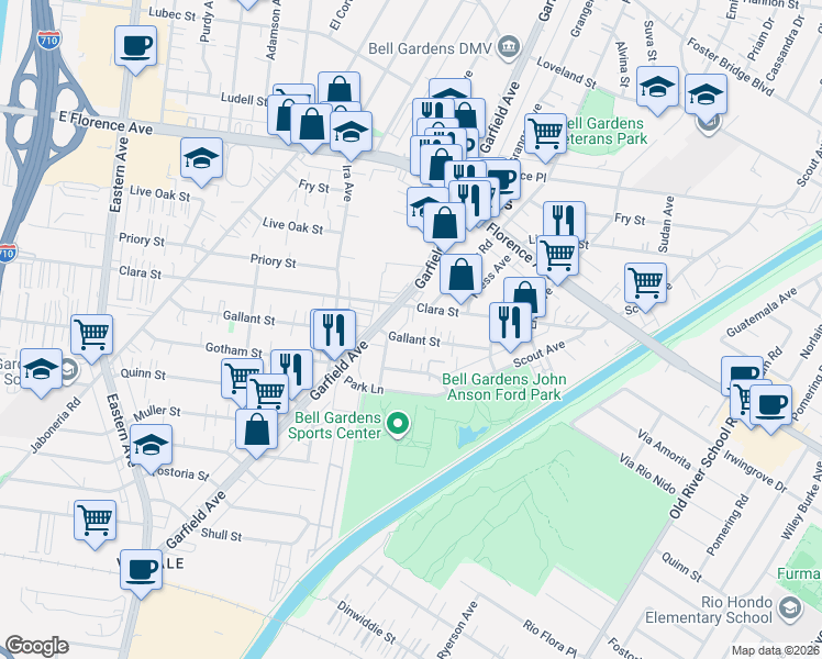 map of restaurants, bars, coffee shops, grocery stores, and more near 6312 Clara Street in Bell Gardens